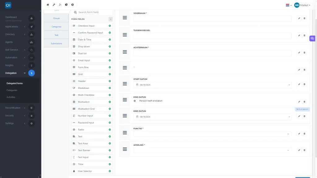 HelloID Screenshot: Formulier elementen