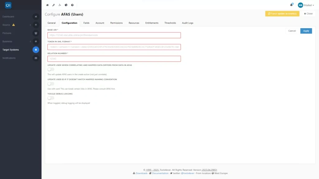 HelloID Screenshot: Grafische configuratie van doelconnector