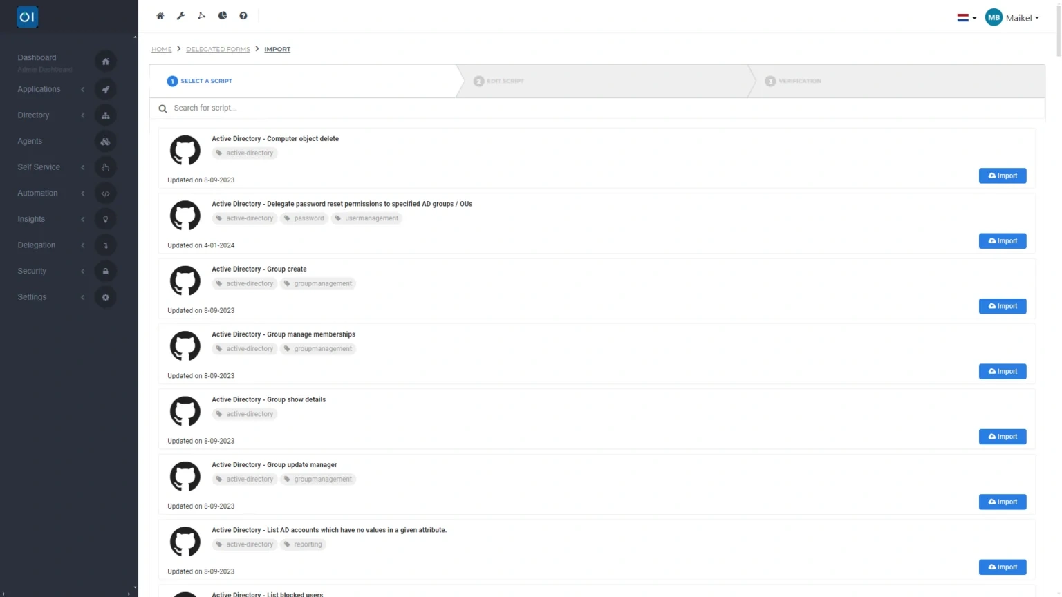 HelloID Screenshot: Importeer Delegated Form