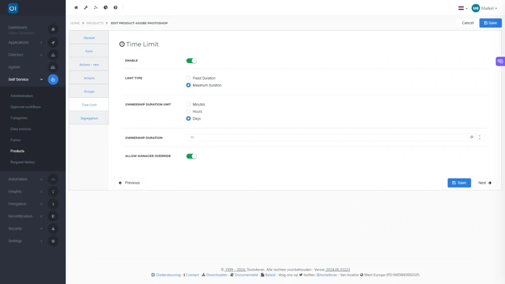 HelloID Screenshot: Self-service product tijdslimiet