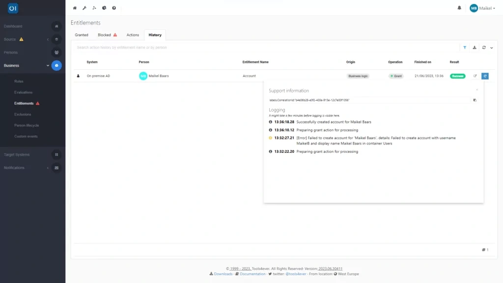 HelloID Screenshot: Logging bij testen met één persoon na retry