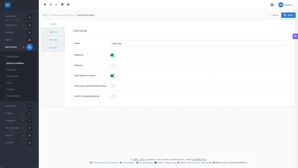 HelloID Screenshot: Workflow notificatie instellingen