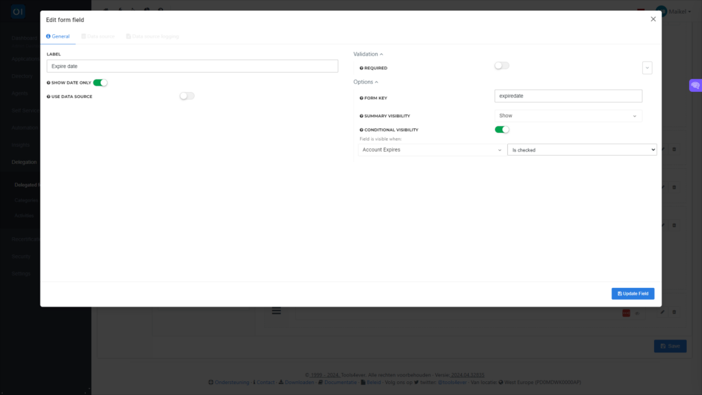 HelloID Screenshot: Opties en condities voor formulier velden